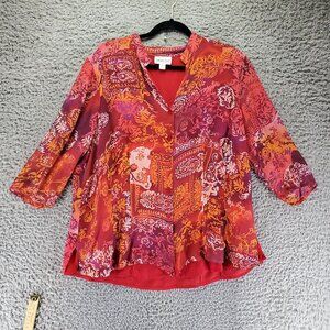 Coldwater Creek Top Womens 2X Red Floral Lightweight V-Neck 3/4 Sleeve Blouse